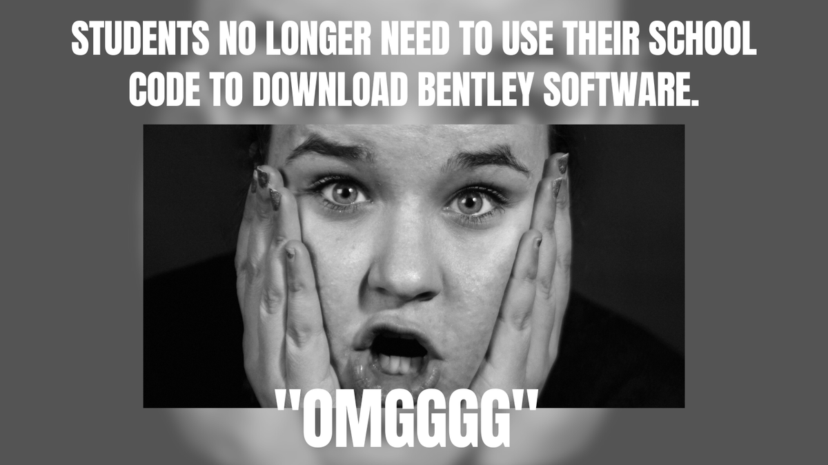 Students, have you heard the good news? 
You no longer have to look up your school code to download #Bentley software! All you have to do is sign up on the Education Portal, take a few simple steps, and you're good to go! For more information - rb.gy/gjqip #BentleyEDU