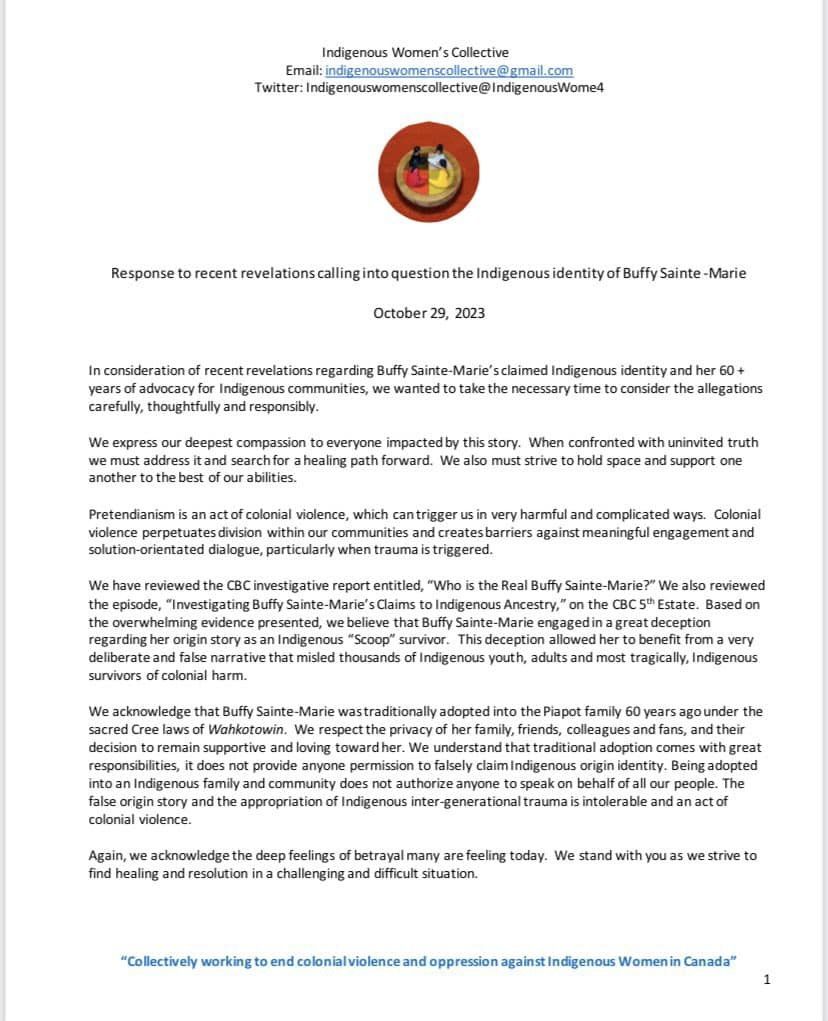 jfkeeler's tweet photo. Statement from the Indigenous Women's Collective regarding recent revelations about Buffy Sainte-Marie. https://t.co/lO67SxRXUf