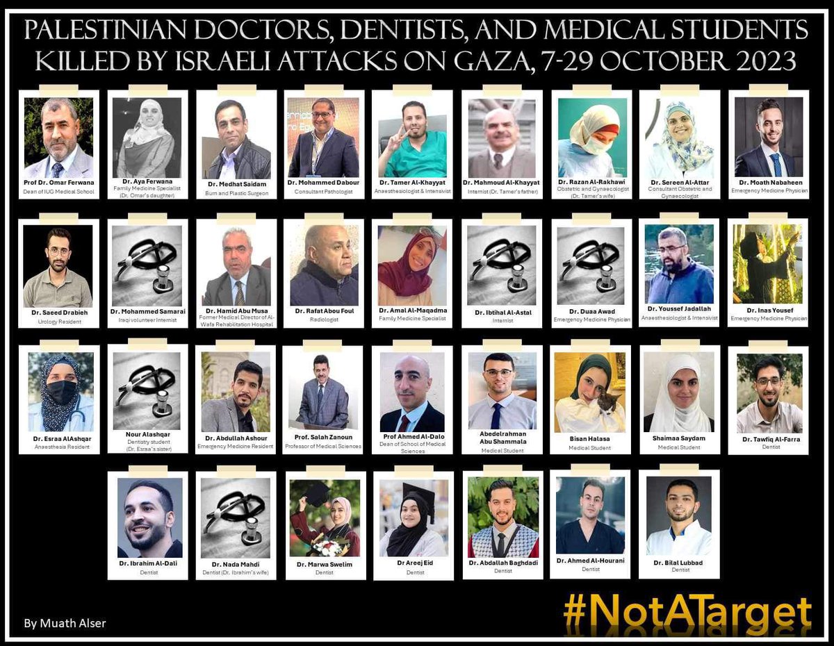 About 35 doctors and medical students were killed by the #IOF in #Gaza since October 7 along with their families with a total number of #HCW killed at least 116. Among those senior consultants and deans of medical school! #NotATarget #MedTwitter #NotANumber