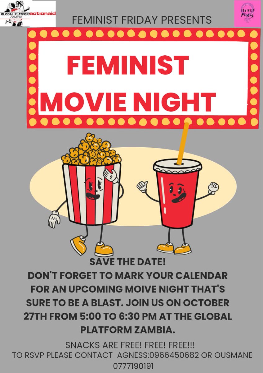 Hub Activity | FEMINIST FRIDAY 

As Feminist Friday we would like to invite everyone  to join us this Friday for our first feminist moive night. 

Date: 27th October, 2023.
Time: 17:00hrs -18:30hrs.                         
 Venue : Global Platform Zambia
