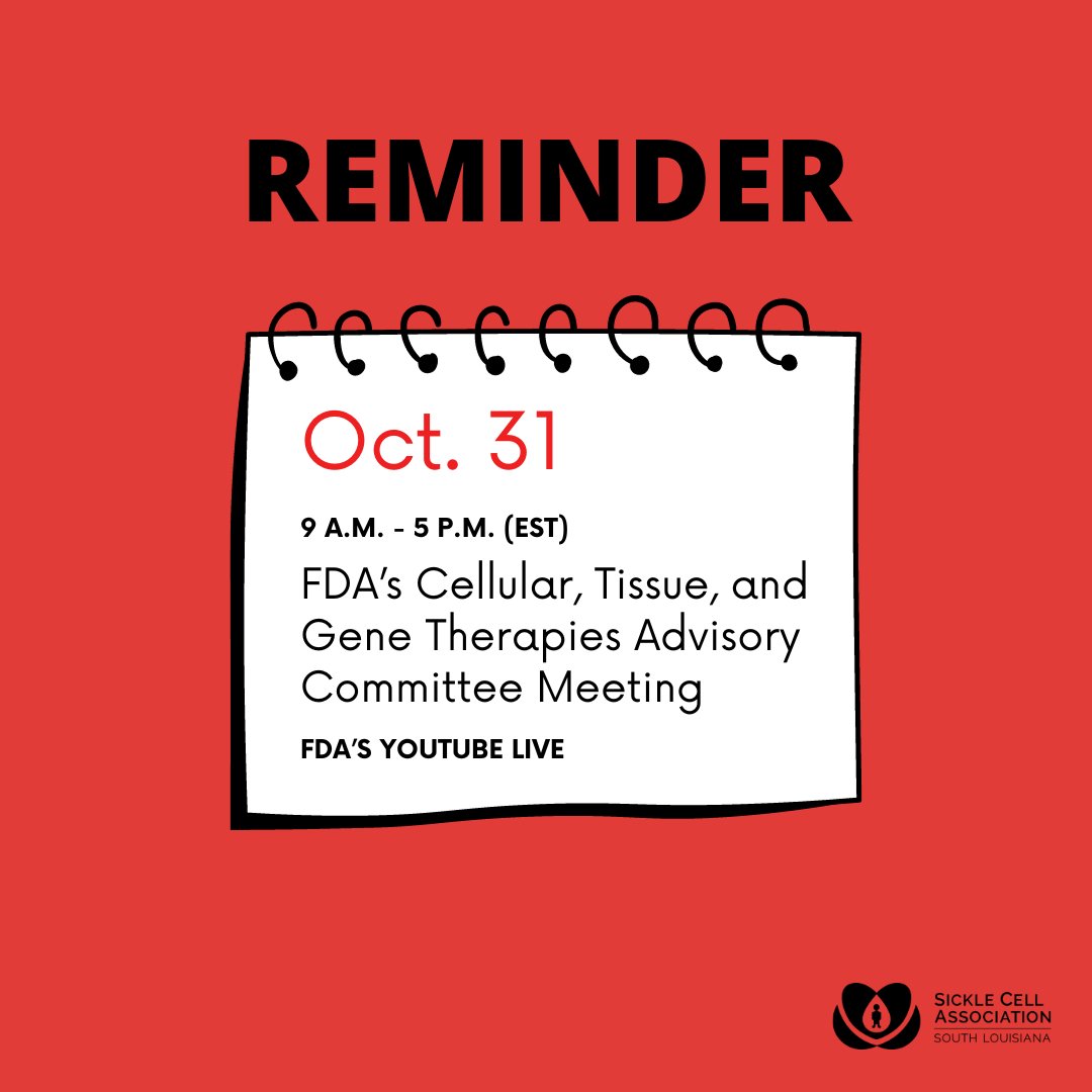 Watch the FDA's Cellular, Tissue, &amp; Gene Therapies Advisory Committee Meeting tomorrow, Oct. 31st. The Food and Drug Administration will make a landmark decision about gene therapy for SCD. Watch Live: youtube.com/live/M90IjjxOd…

#SickleCellDisease #SickleCellAwareness