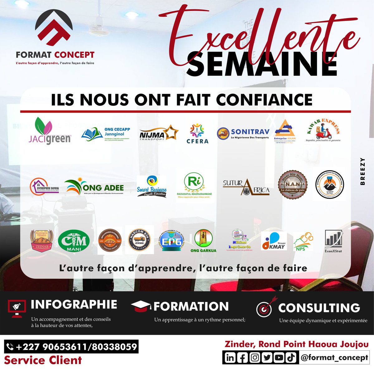 format_concept's tweet photo. Découvrez notre réseau de confiance au Cabinet Format Concept : 
des entreprises renommées, des ONG engagées. 

Rejoignez-nous et faites partie de notre histoire. 

Contactez-nous dès aujourd'hui pour vos projets !

Bonne journée à tous ! #Confiance #Réseau #CabinetFormatConcept https://t.co/vlqZ6aZDQL