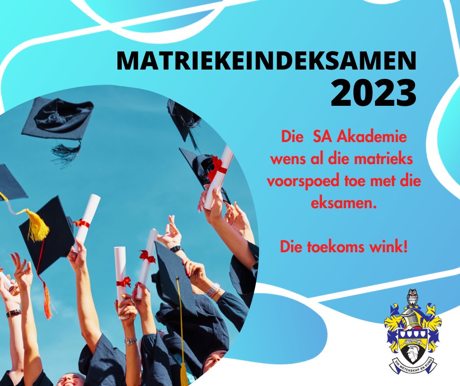 Die SA Akademie wens die matrieks van 2023 alle voorspoed toe met die eindeksamen!

#matriek; #matrieks; #matriekklas; #saakademie; #afrikaans;