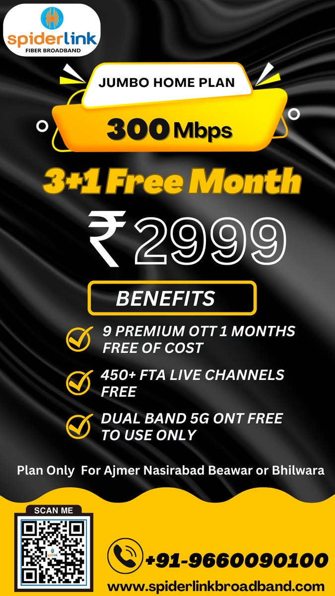 SpiderLinkIndia's tweet photo. Festival Offer Plan Check Your City Plan and Offer Just Call or Scan Now
#spiderlink #InternetPlan #ISP #internet #jaipur #JaipurCoaching #fastinternet #fastinternetservice #bestplanoffiber #bestinternetplansjaipur #bestinternetservicejaipur #spiderlinkfiber #highspeed #network https://t.co/bjgk8Uvr9y