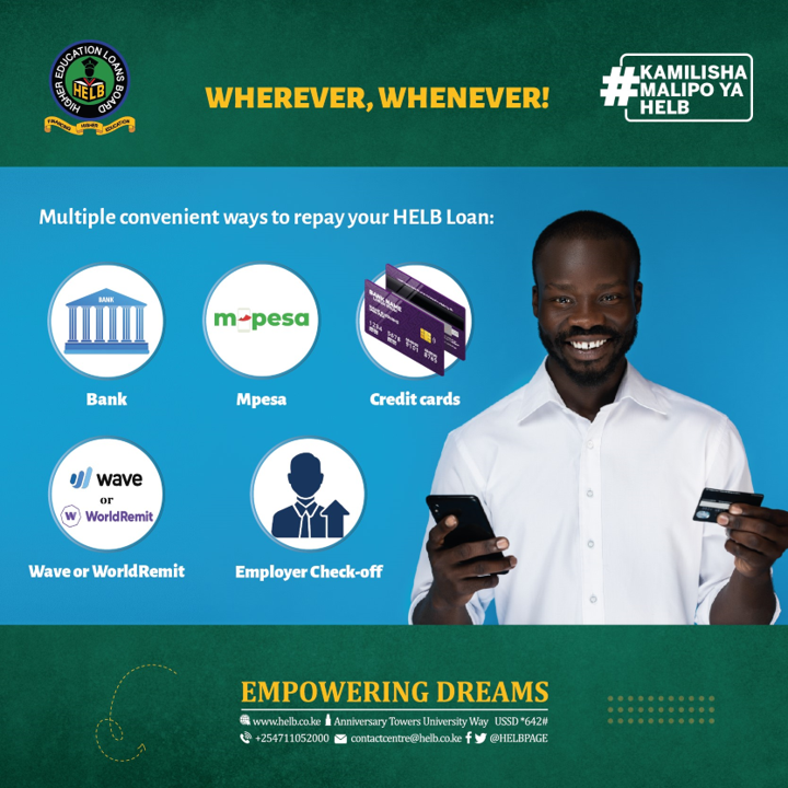 You can repay your loan anytime and anywhere through our multiple repayment options. Choose what works for you and help us empower dreams. helb.co.ke/repay-loan/loc….