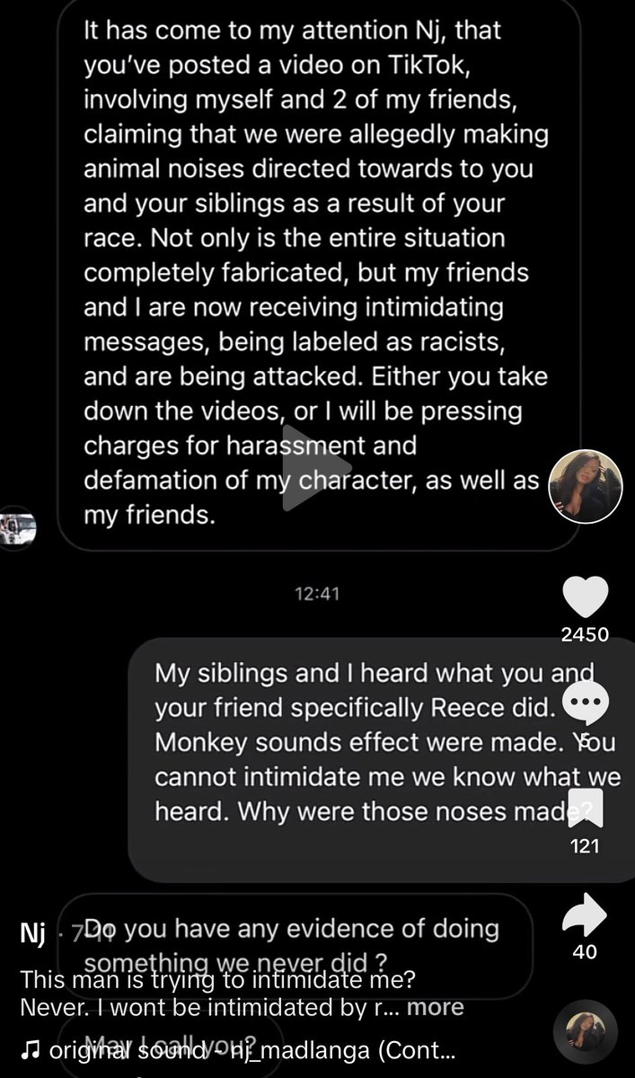 BiancavanWyk16's tweet photo. To post, or not to post …

A black Tik Tok content creator recently made a video where she indicated that there was a group of young white people that were making monkey sounds referring to her and her siblings in a line at Gold Reef City on 6 July 2023. There was another video where the group can be seen. 

The internet sleuths quickly tracked the group down and a message was sent by one of the members of the group threatening legal action if the videos were not removed. She stood her ground. 

The outcome is that Afriforum’s Private Prosecution Unit is now taking her to court for crimen injuria and defamation. There is also a protection order - I’m not sure if it has been served.