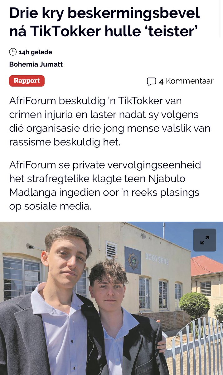 BiancavanWyk16's tweet photo. To post, or not to post …

A black Tik Tok content creator recently made a video where she indicated that there was a group of young white people that were making monkey sounds referring to her and her siblings in a line at Gold Reef City on 6 July 2023. There was another video where the group can be seen. 

The internet sleuths quickly tracked the group down and a message was sent by one of the members of the group threatening legal action if the videos were not removed. She stood her ground. 

The outcome is that Afriforum’s Private Prosecution Unit is now taking her to court for crimen injuria and defamation. There is also a protection order - I’m not sure if it has been served.