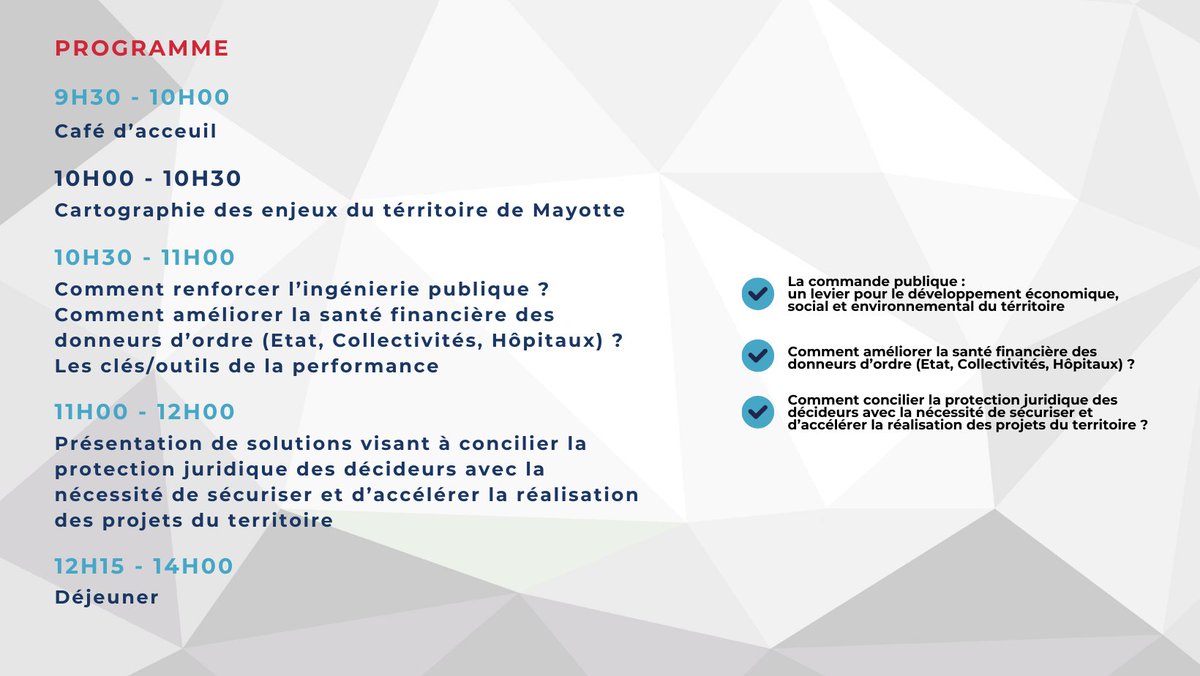AdimMayotte's tweet photo. 🔔 Découvrez les Marchés Publics avec nous!
📣 Participez à notre atelier sur les marchés publics en partenariat avec Consulting Formation. Informations clés sur les marchés locaux, nationaux, et internationaux.
📅 12 décembre 2023,⏰ 9h30 - 12h00
📍 Hôtel Sakouli, Bandrélé https://t.co/0GDteDZot8