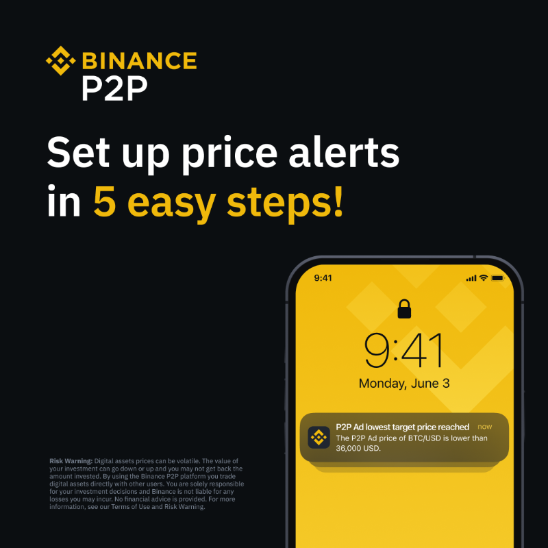 binance's tweet photo. Wondering how to set up price alerts on #Binance P2P?

Swipe to see how 👉