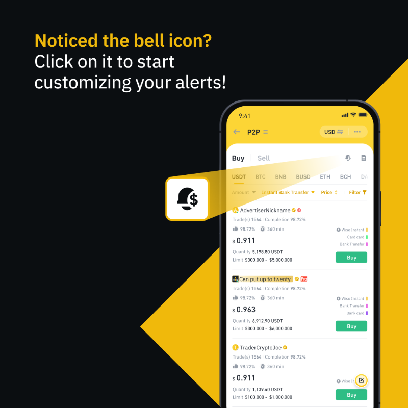 binance's tweet photo. Wondering how to set up price alerts on #Binance P2P?

Swipe to see how 👉