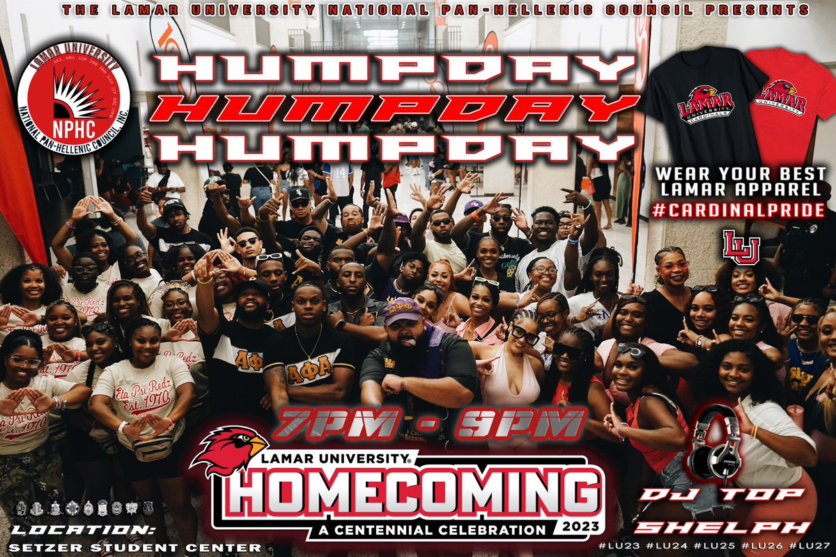 Attention Lamar University
This coming Wednesday Nov 1st, HOCO &amp; humpday collide👀!! bring all your friends, bring your cameras, turn on your flashlights and get ready for the LIVEST ! HUMPDAY OF THE SEMESTER
Put on your best Lamar gear for this Centennial homecoming Hump day🔴⚪️