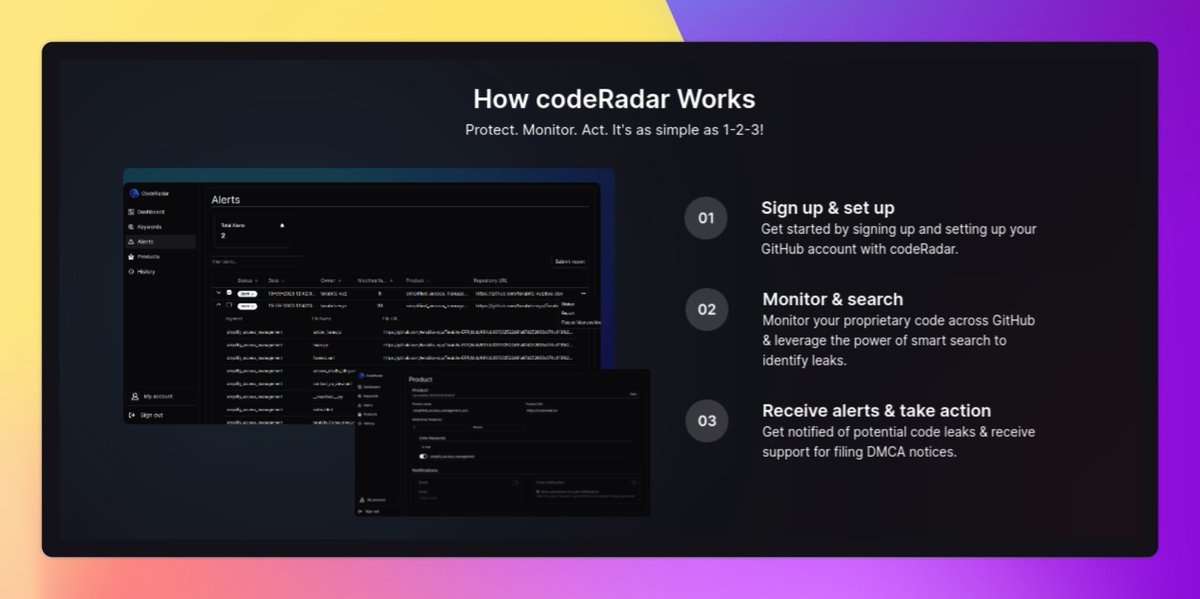 ashish__hirpara's tweet photo. A little story to kick things off. I still remember our Odoo app's source code mysteriously popped up on GitHub last year. And one of my friend's Shopify themes was leaked, causing significant revenue losses. Those incidents made me realize that in the vast sea of public repositories, there was no lifebuoy to spot and save our drowning code.

That lightbulb moment led to some nights of brainstorming and coding, birthing CodeRadar. It's not just another tool; it's a brainchild born from witnessing the real challenges developers face.

Here's how it works, in layman's terms: You feed CodeRadar keywords or snippets from your precious code. It then becomes your tireless sentinel, scanning public GitHub repos and alerting you if it detects anything fishy. Imagine having a security guard, but for your code, working 24/7!

To use it: Sign up, set your alerts, and sip your coffee while CodeRadar stands guard. If it spots something, you'll know immediately, allowing you to act swiftly.

Every line of code, every test, every revision was driven by a mission: to give you peace of mind, knowing that your hard work will be secured.

Would love for you to give it a spin and share your thoughts.

Link: https://t.co/oov1d6G4s5
