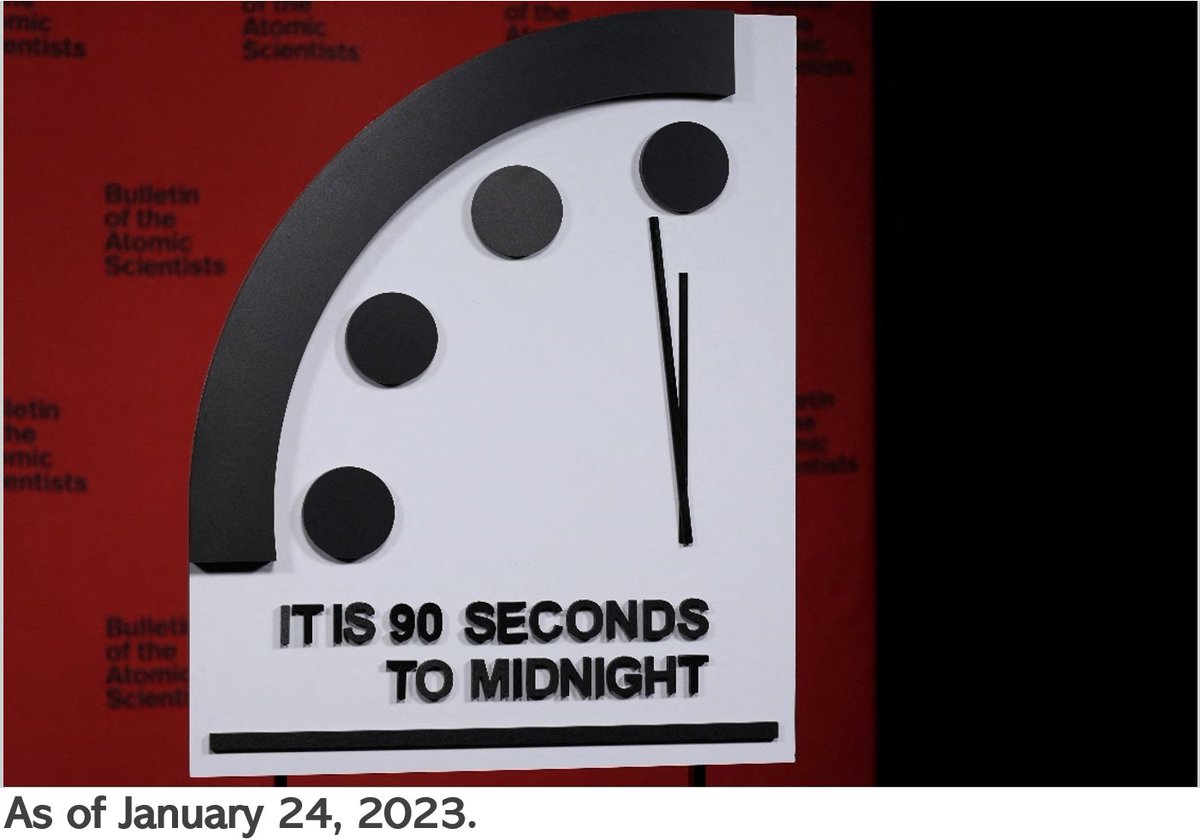 What time is it now according to the Doomsday Clock?

⏺️Last reset on Jan 24, 2023, it is now 90 seconds to midnight, the theoretical global annihilation.  It reflects a world in which Russia's invasion of Ukraine has revived fears of nuclear war.  It is the closest it has ever