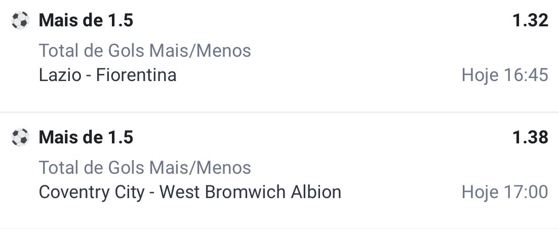 🚀 Dupla do Dia 30.10

🏟️ Partidas:

🇮🇹 Lazio x Fiorentina
🏴󠁧󠁢󠁥󠁮󠁧󠁿 Coventry x West Brom

📊 Odd @ 1.82

💰 Investimento da Aposta: 1 unidade