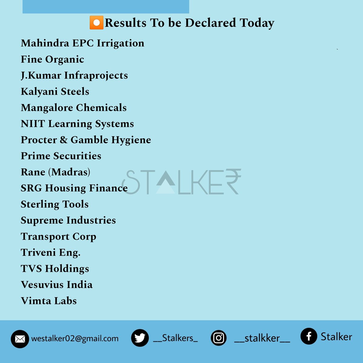 __Stalkers_'s tweet image. Checkout results to be Declared Today

➡️Don&apos;t Forget to Follow us

#TVSHoldings #JKumar #NIITLearning #Sterling #PG #SRG #Triveni #UPL #Marico #Petronet #Nippon #DLF #Apollo #Castrol #KPIT #Craftsman #LTfoods #Gokaldas #Siyaram #VaibhavGlobal #Dhampur #Emkay #DCX #Ramco #Premier