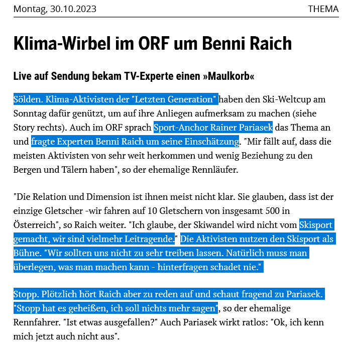 R. Pariasek konnte nicht mal mehr 'Chapeau, Benni, i siag's so wia du!' sagen, da der ORF das Interview nach Kritik an der unbeliebten #LetztenGeneration stoppte.

Beim grüninfantilen @ORF, der andere Meinung nicht zulässt, hilft nur noch #Privatisierung!

epaper-oesterreich.at/issue.act?issu…