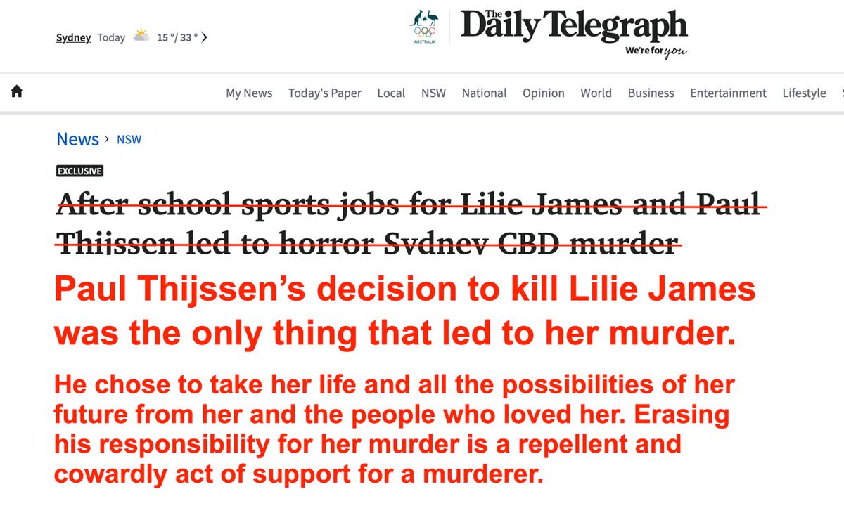 The @dailytelegraph headline isn't misleading; it's obscenely offensive and untrue. Fortunately, @JaneTribune fixed it. #ThisIsNotJournalism #LilieJames