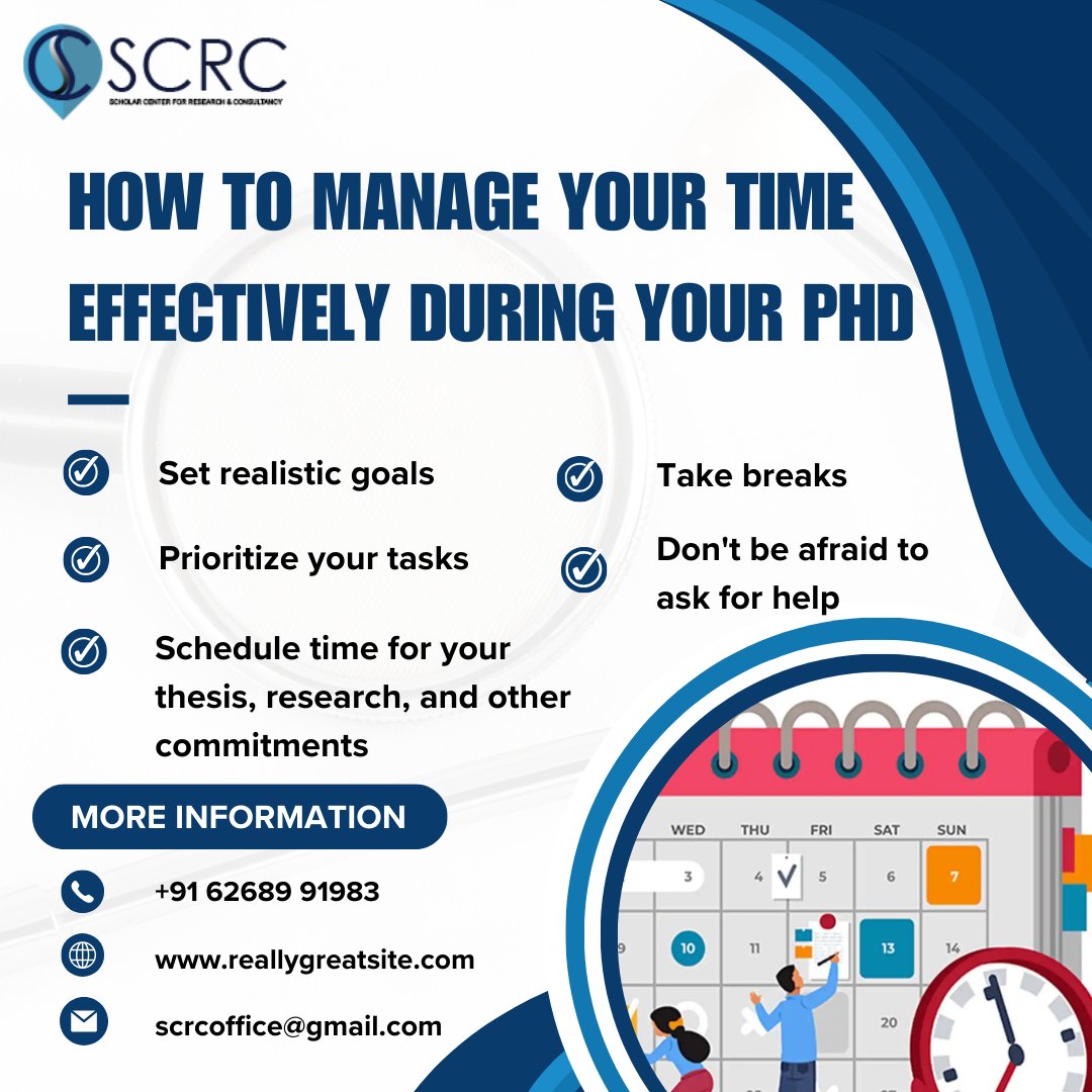 Manage your time effectively and you'll be well on your way to completing your PhD.
Call us: 6268991983
Mail us: scrcoffice@gmail.com
Visit: thescrc.org
#TwitterSpaces #PhdLife #PhDProblems #PhDHumor
#PhDTips #PhDAdvice #PhDCommunity #AcademicTwitter #research