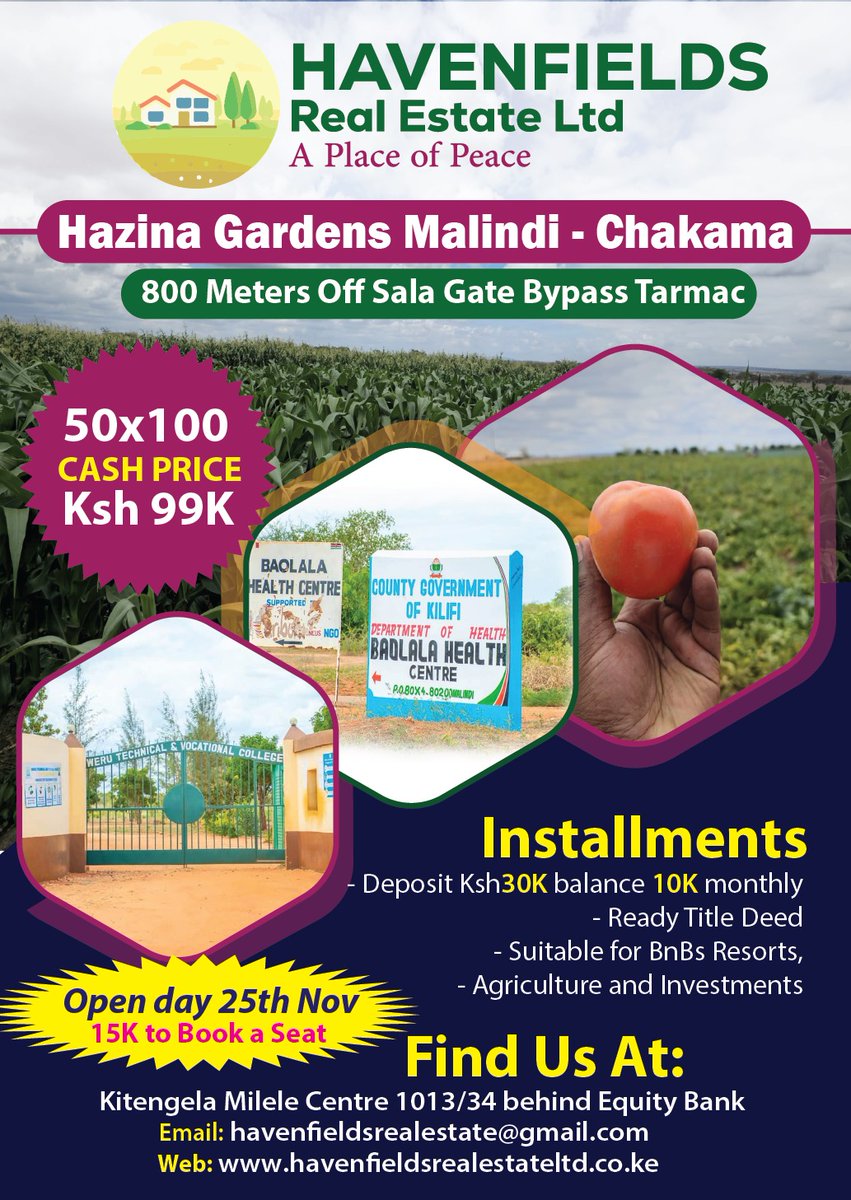Faithmwend16512's tweet photo. Are you ready for the biggest Open Day in malindi?!
Book your seat with as little as 15k only,, the 50*100 plots cash price is 99k ,, deposit of 35k reach us via WhatsApp or call 0745262632...

#Havenfields 
#hazinagardensmalindi https://t.co/MowJ1EZiai