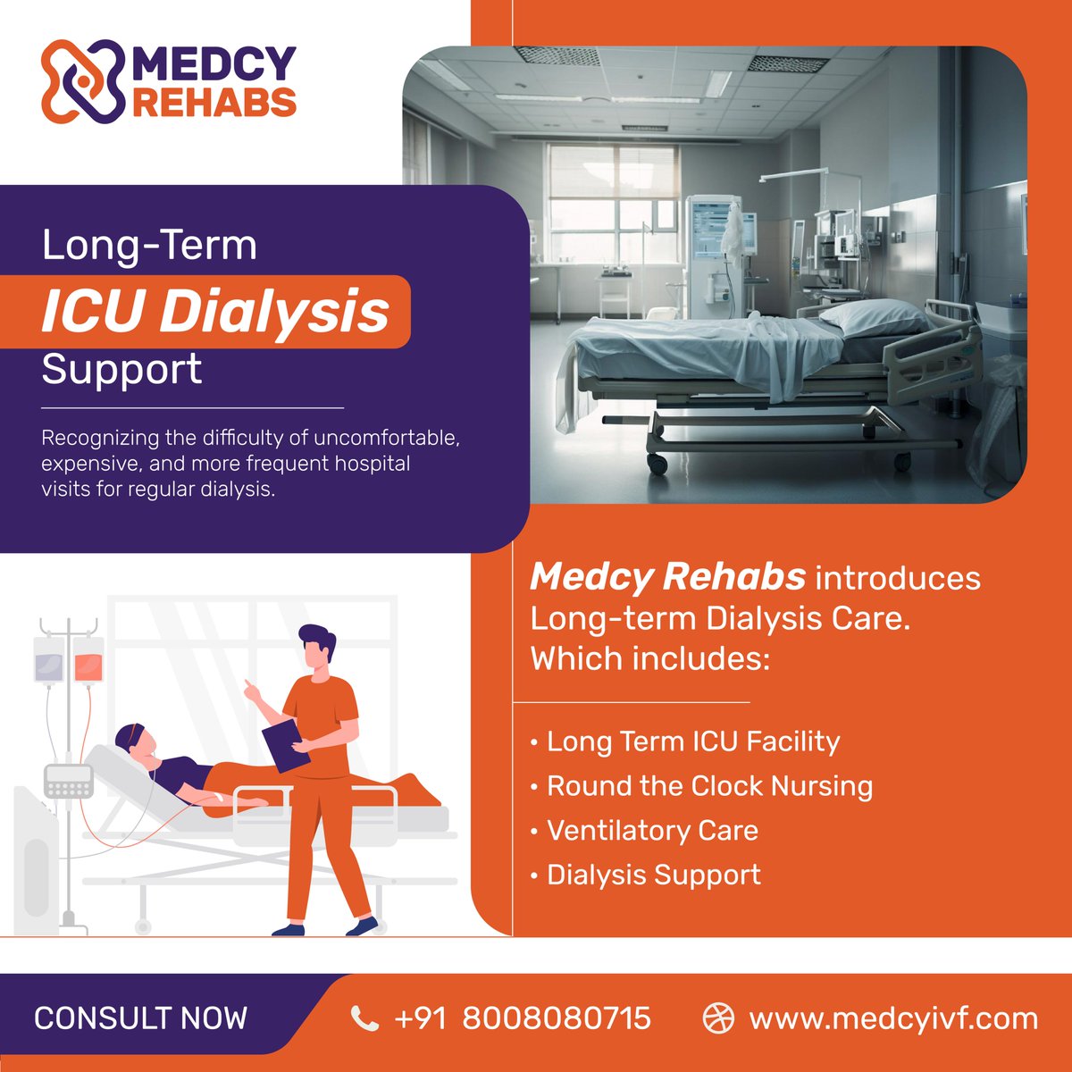 Introducing Long-Term ICU Dialysis Support at Medcy Rehabs.
Saying goodbye to the challenges of regular dialysis treatments! We're proud to unveil our innovative Long-Term ICU Dialysis Support program, redefining the way you experience care.

#LongTermICUDialysis #DialysisSupport