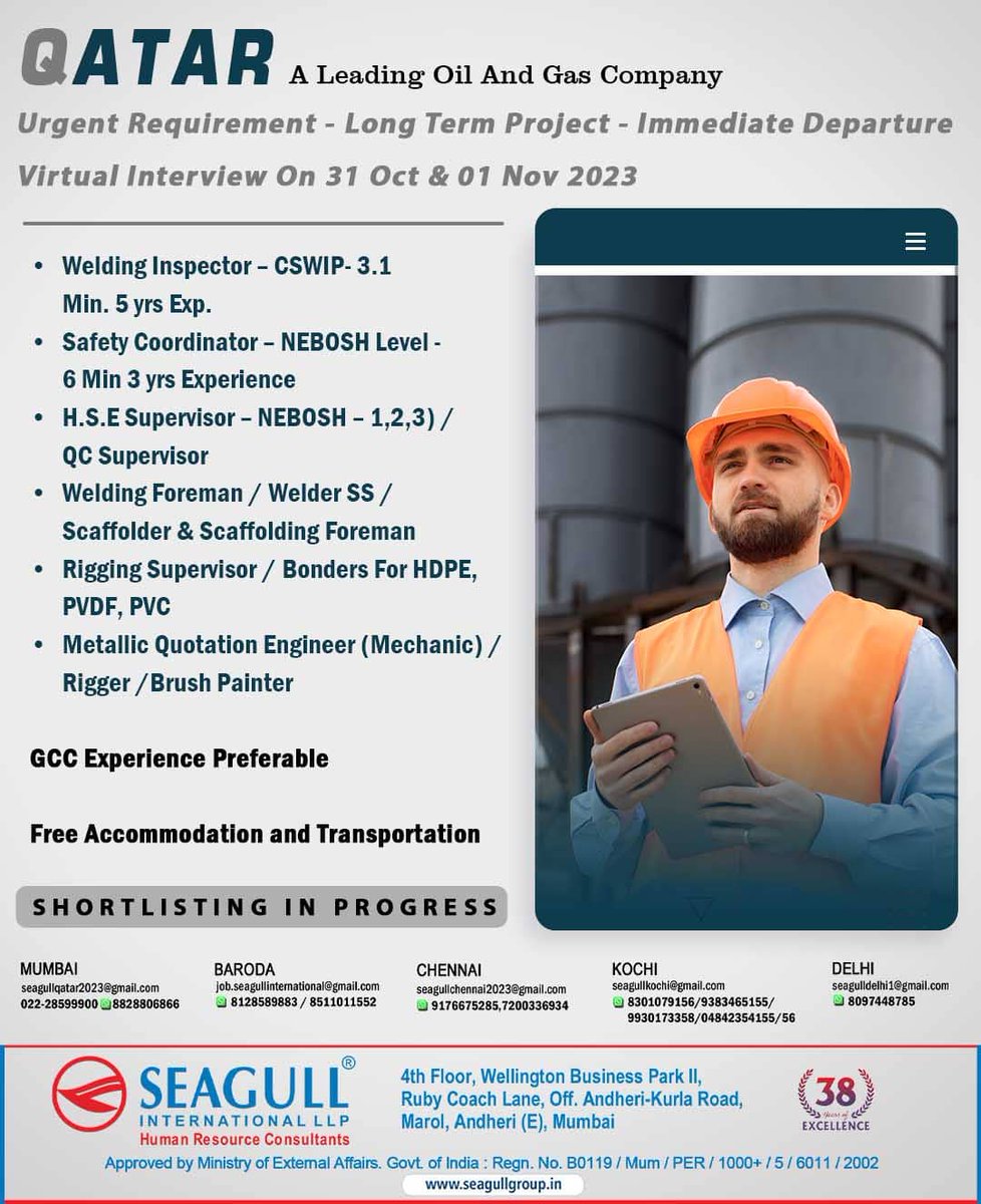 hrd1_seagull's tweet photo. 🇶🇦Qatar Jobs
‼️Urgent Requirement
✈Immediate Departure
✔️Long Term Project - Shortlisting In Progress
🗓️Virtual Interview On 31st Oct & 01st Nov 2023
📍Location- Mumbai , Baroda , Chennai , Kochi , Delhi
.
.
.
#qatarjobs #seagull #weldinginspector #riggingsupervisor https://t.co/pAOieeijgD