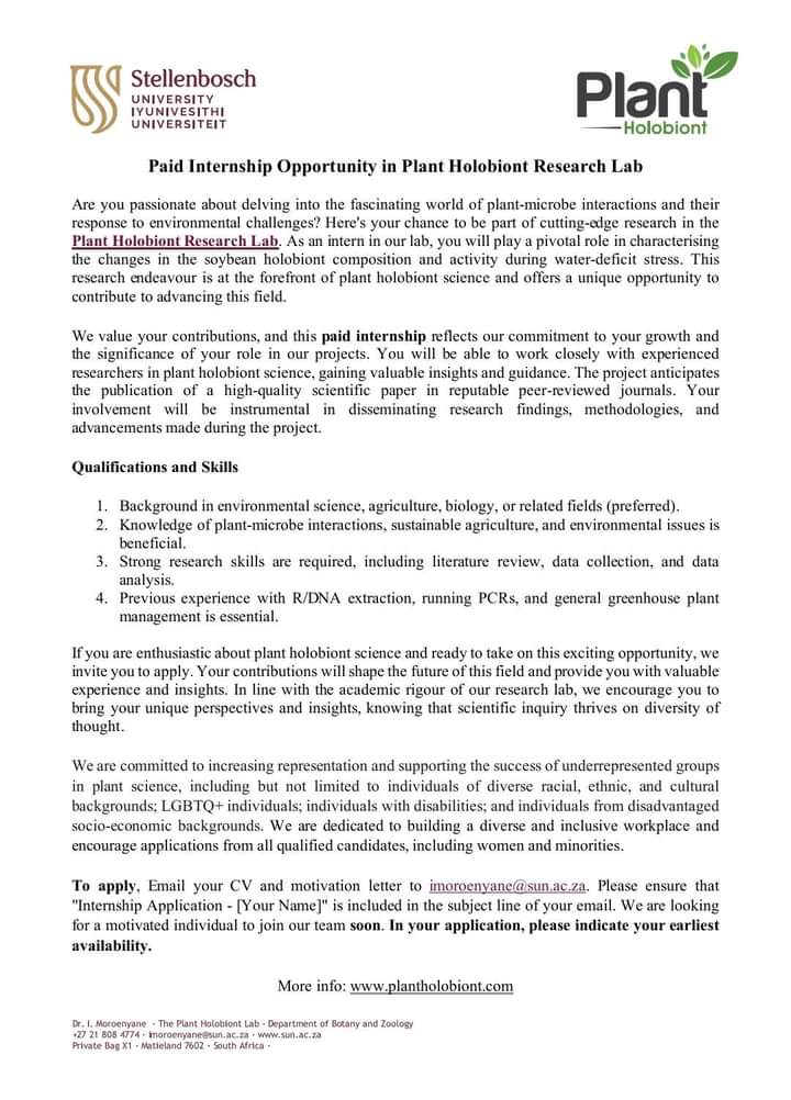 Paid Internship Opportunity in Plant Holobiont Research Lab

To apply, Email your CV and motivation letter to imoroenyane@sun.ac.za.