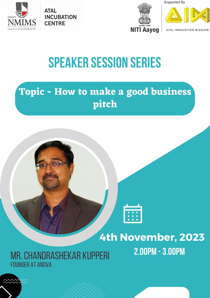 NmimsAic's tweet photo. Want to know “How to pitch your Business Idea” to the investor?

Then attend a speaker session on "How to make a good business pitch" by Mr. Chandrashekar Kupperi.

Join us: https://t.co/s3JxIVAEHs
.
.
.
.
#startupecosystem #businesspitch #pitchday #speakerseries #incubation https://t.co/bZJQBQcdfu