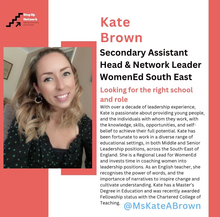 Today’s speaker reveal is <a href="/MsKateABrown/">Ms K. Brown</a> who is talking all about looking for the right school and role at our November virtual event.

Get your FREE tickets here: eventbrite.co.uk/e/step-up-get-…

#Connecting <a href="/TF_Ambassadors/">Teach First Ambassadors</a>