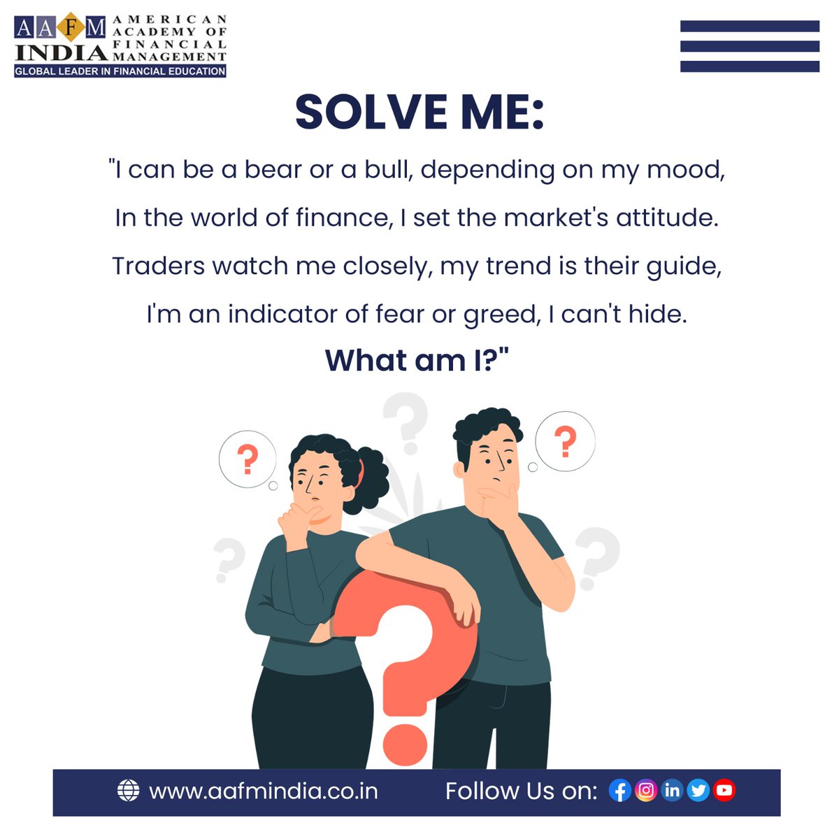 AafmIndia's tweet photo. Can you solve me? ๐โ
#riddle #riddleme #solveme #solving #riddleoftheday #financing #personalfinance #financing #aafmย #aafmindia https://t.co/MmGTICICPw