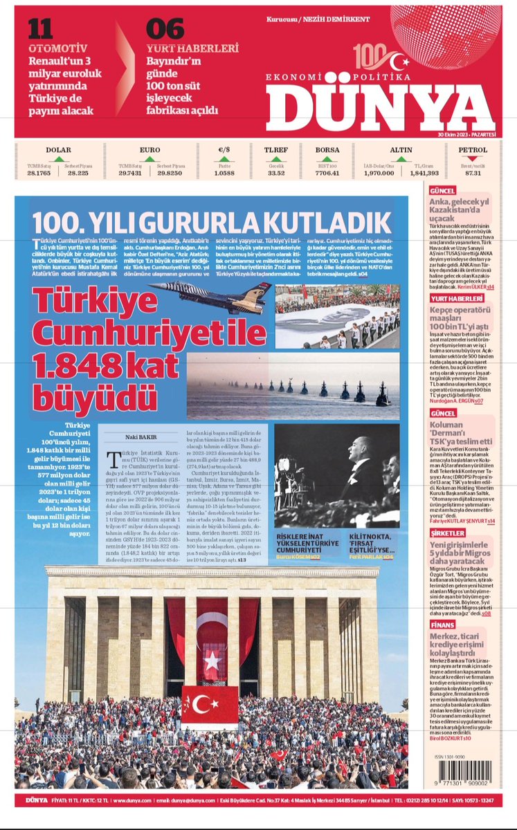📌 100. YILI GURURLA KUTLADIK 

📌 Türkiye Cumhuriyet ile 1.848 kat büyüdü

Detaylar ve daha fazlası dunya.com'da. 

#cumhuriyetin100ü #dünyagazetesi #dünyabugün #gündem #ilksayfa