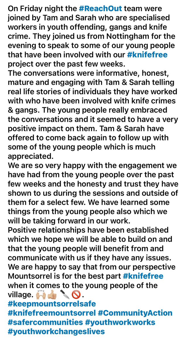 We have had some really positive positive engagement with our #knifefree project in #Mountsorrel. Please see pics for full info. #youthworkworks #youthwork #communitysafety @MountsorrelPar1 @LeicsPCC @HSheriffLeics @SpecialistYouth @FedDetachedYW @youngleics @LeicsCares