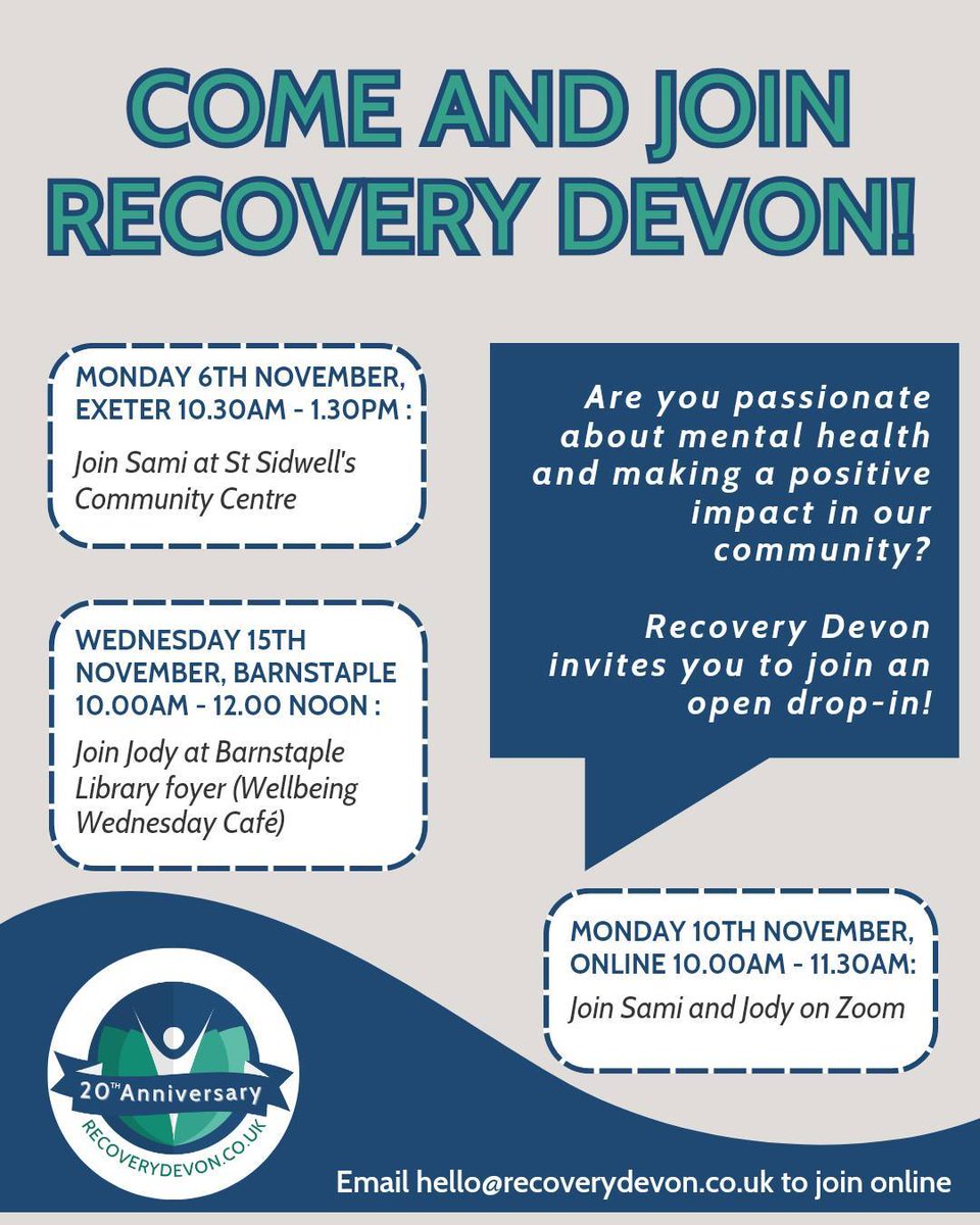 🌟 Come and join us! 🌟 Are you passionate about mental health and making a positive impact in our community? Recovery Devon invites you to our open drop-ins. Everyone welcome, including individuals and those working with other organisations.