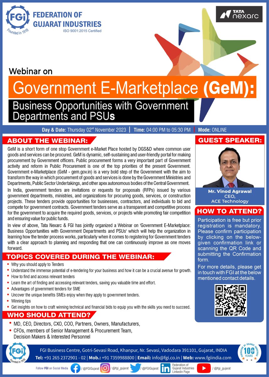 #Webinar on 'Government E-Marketplace (#GeM): Business Opportunities with Government Departments and PSUs' Thursday, 2nd November, 2023, 4.00 PM onwards, Online. To confirm participation, please fill this form - forms.gle/X6oXdQN9jzMmt4…