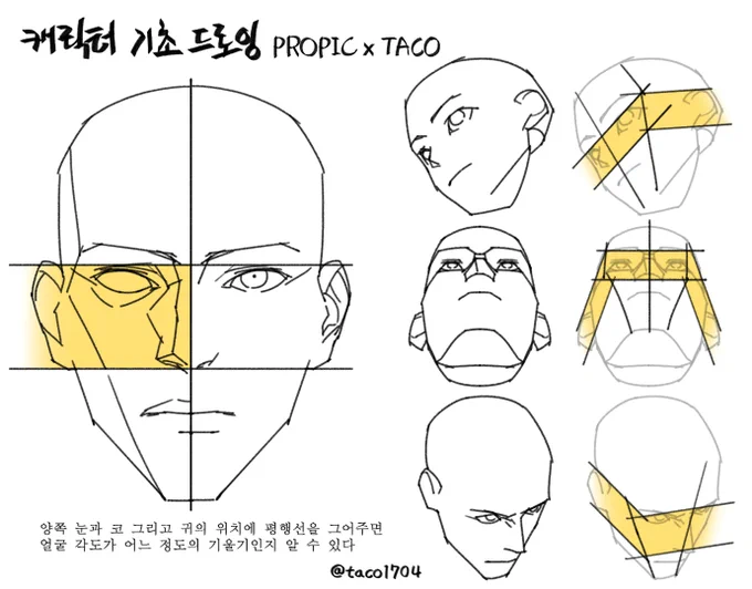 양쪽 눈과 코 그리고 귀의 위치에 평행선을 그어주면 얼굴 각도 기울기를 파악할 수 있다