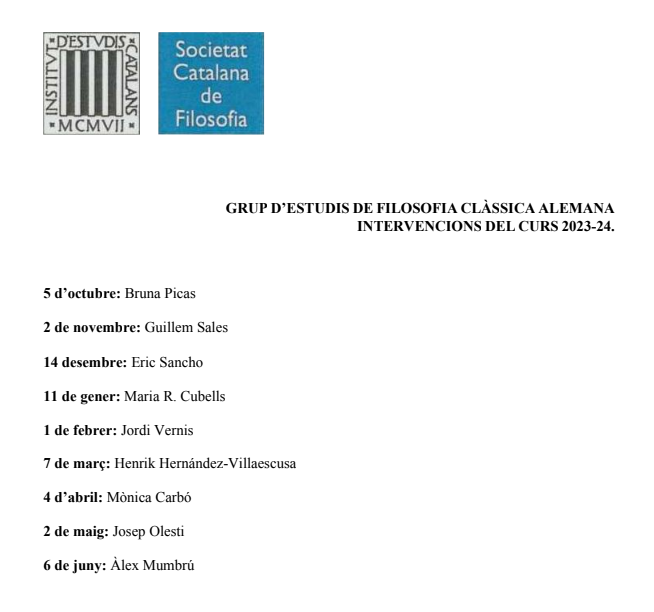 S'acosta un nou seminari del Grup d'Estudis de Filosofia Clàssica Alemanya, coordinat pel Dr. Salvi Turró d' <a href="/gr_aporia/">Aporia Grup de Recerca</a>! 
🗓️ 2/11 
⏰18.30h 
📍presencial (<a href="/iec/">IEC</a>)/ virtual 
 Interessats, escriviu a: gr.aporia@ub.edu  
#filosofia #etica #politica
