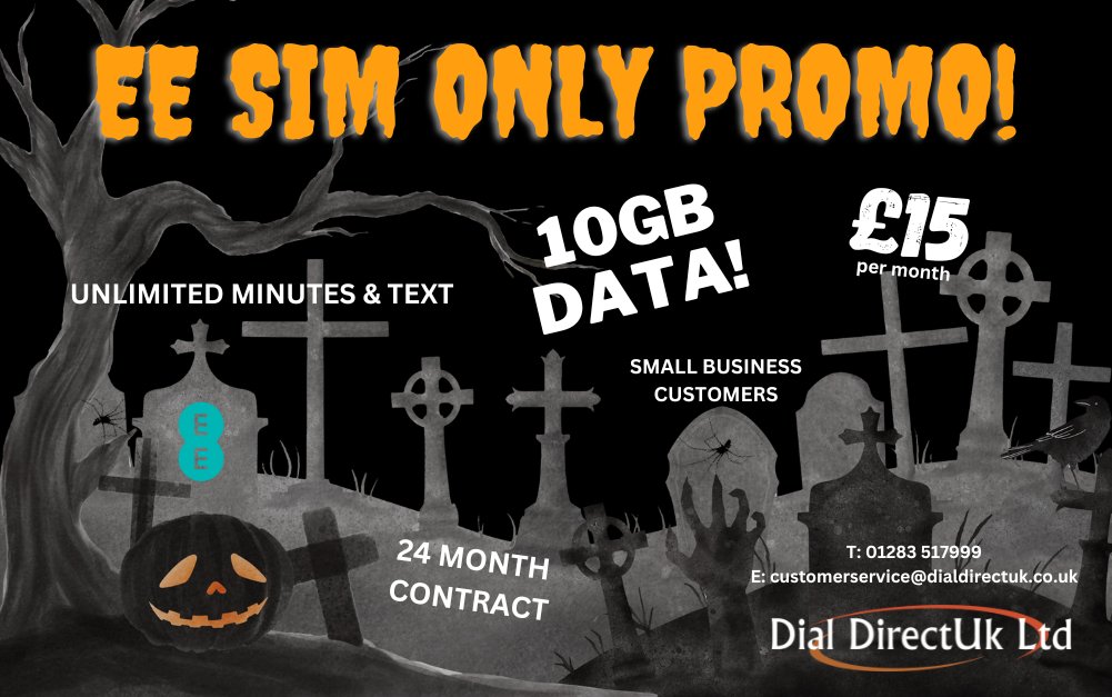DialDirectUk's tweet image. Looking for a scary good deal? 🎃 Contact us today on 01283 517999 to find out more! 👻 #offer #deals #halloween #ee #simonly #businessmobile