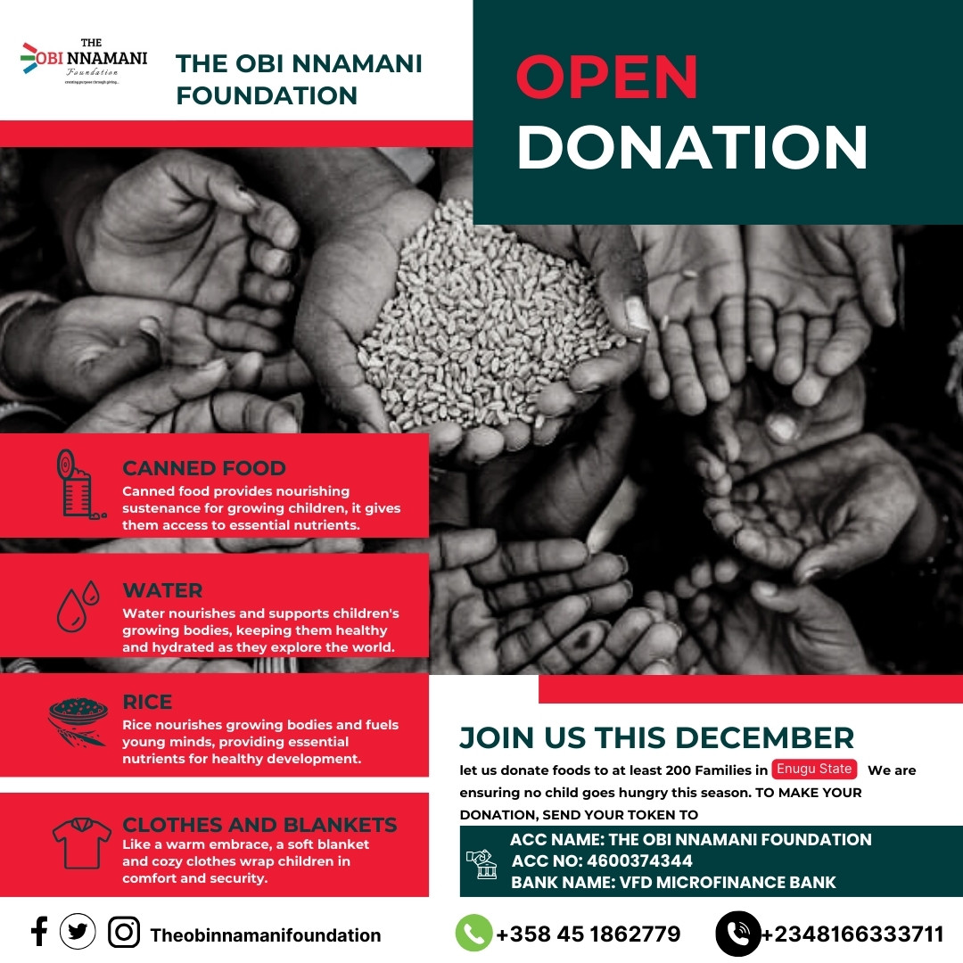 ThOBNFoundation's tweet photo. Join us in spreading the joy,
The Obi Nnamani Foundation is excited to announce our upcoming Food Drive Bank in Enugu State, To donate, please transfer your contribution to:Account Name: The Obi Nnamani Foundation  Account Number: 4600374344  Bank Name: VFD Microfinance Bank https://t.co/RtMvz7PHZO