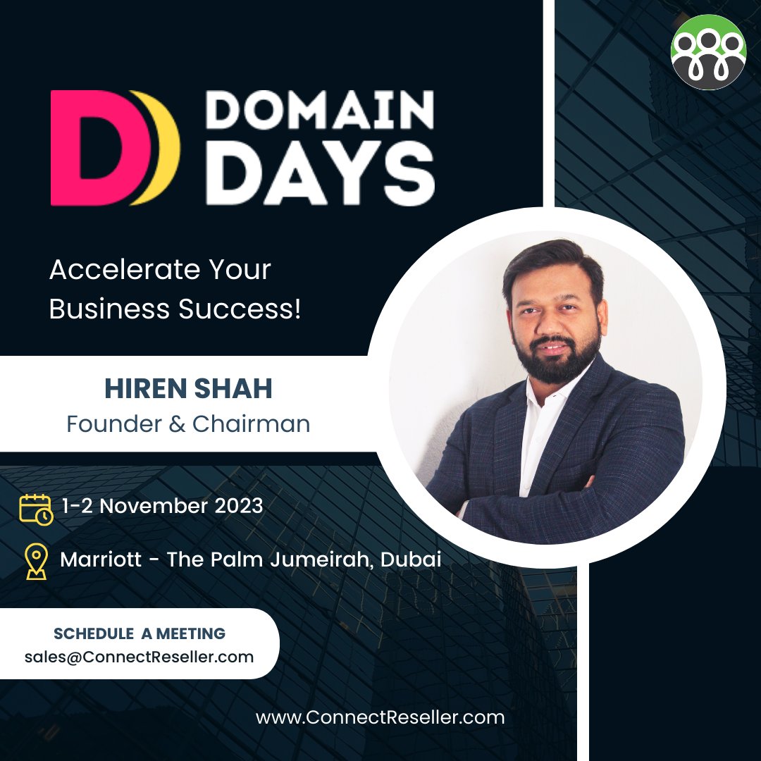 ConnectReseller's tweet image. Our Founder and Chairman @hirenhshah is at the heart of the action!
Attending the @domain_days at Marriott - The Palm Jumeirah, Dubai, on 1-2 November 2023. Do buzz if you would like to set up a meeting with him.
#Networking #DomainEvent #ConnectReseller #DomainDaysDubai