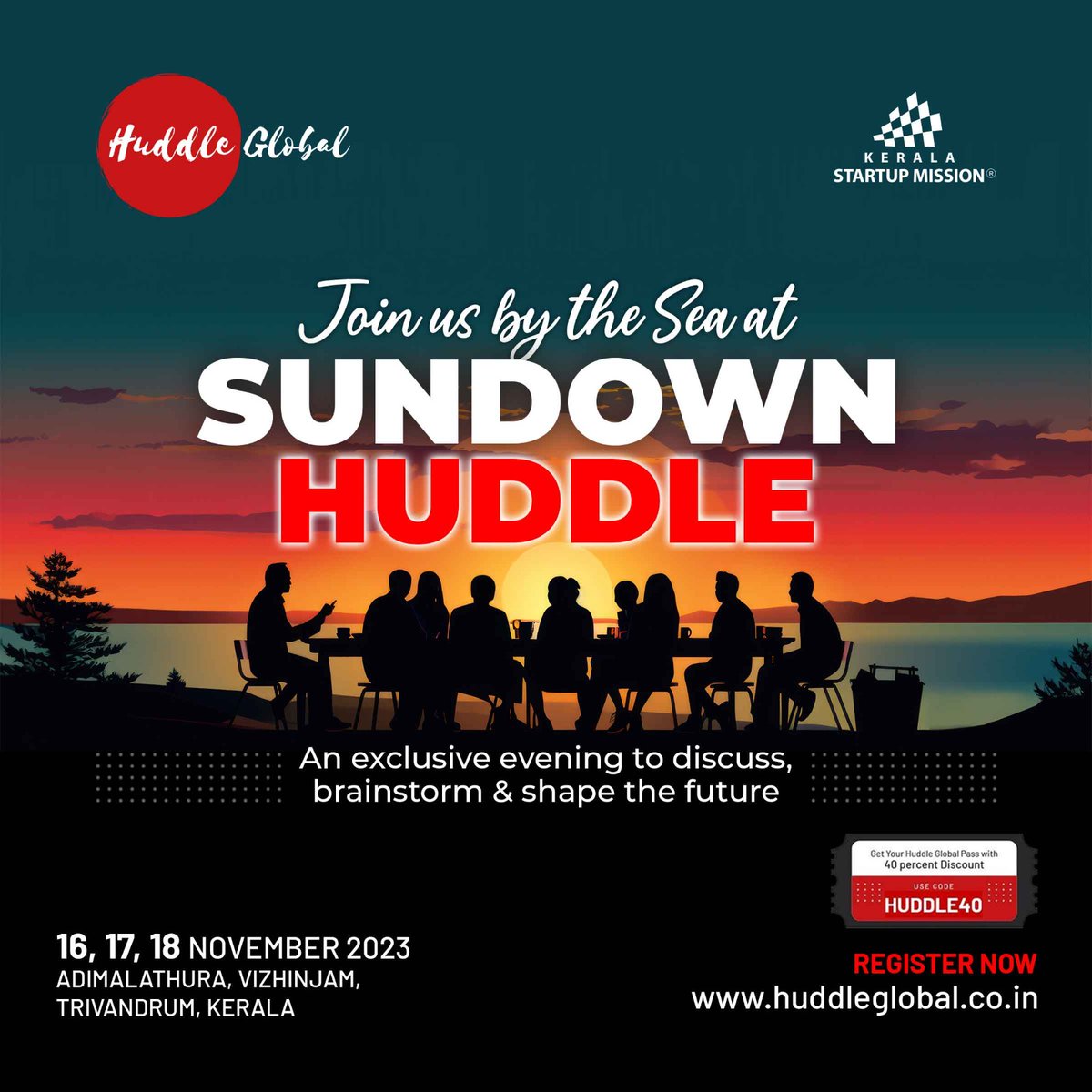 startup_mission's tweet photo. Join us for Sundown Huddle, an exclusive evening at Huddle Global 2023, India's largest beachside startup festival. Don't miss out on this unique opportunity to engage in discussions, brainstorm, and shape the future against the backdrop of the beautiful sea. https://t.co/6bAnlL1F1o