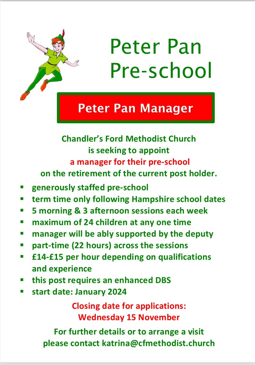 ChFordMethodist's tweet photo. We’re looking for a new pre school manager, details attached. https://t.co/pBJ61GywTd