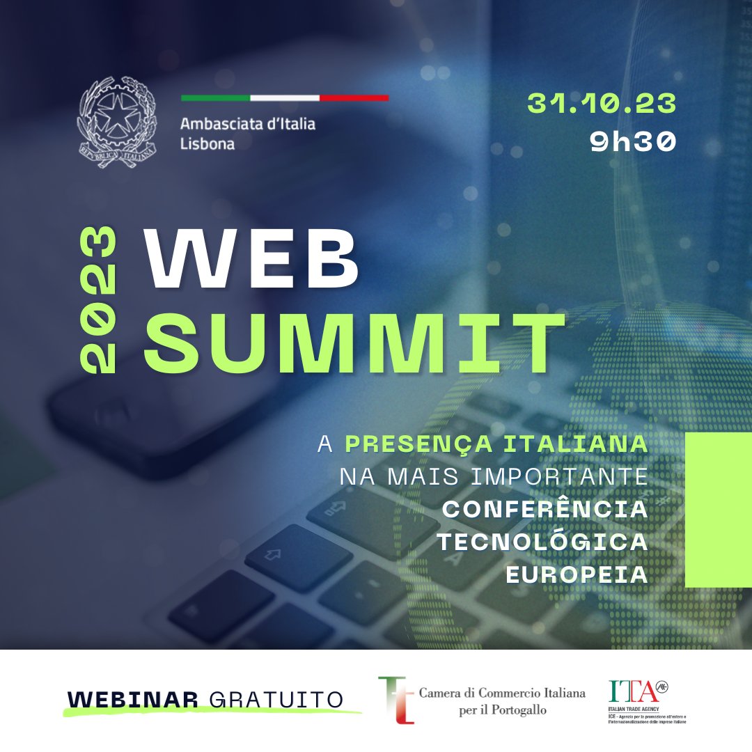 Camera di Commercio Italiana per il Portogallo (@cciportogallo) on Twitter photo #Webinar gratuito 💻
“#WebSummit 2023 - A presença italiana na mais importante Conferência Tecnológica Europeia”
Agendado para amanhã, dia 31 de outubro, às 9h30 (horario de Portugal).
Inscrição 👉 webinar-web-summit-pt.grweb.site
<a href="/ItalyinPortugal/">Italy in Portugal</a>
<a href="/ITAtradeagency/">Italian Trade Agency</a> #Webinar gratuito 💻
“#WebSummit 2023 - A presença italiana na mais importante Conferência Tecnológica Europeia”
Agendado para amanhã, dia 31 de outubro, às 9h30 (horario de Portugal).
Inscrição 👉 webinar-web-summit-pt.grweb.site
<a href="/ItalyinPortugal/">Italy in Portugal</a>
<a href="/ITAtradeagency/">Italian Trade Agency</a>