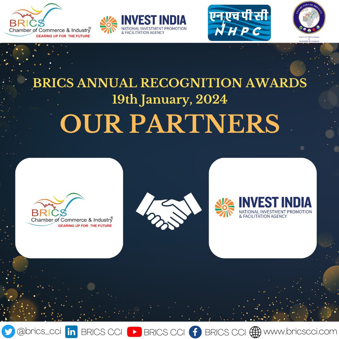 Thrilled to announce Invest India as our esteemed partner for the highly-anticipated BRICS Annual Recognition Awards on January 19, 2024! 🌟 Join us in celebrating excellence. #BRICSRecognitionAwards #InvestIndiaPartner #InvestInExcellence'