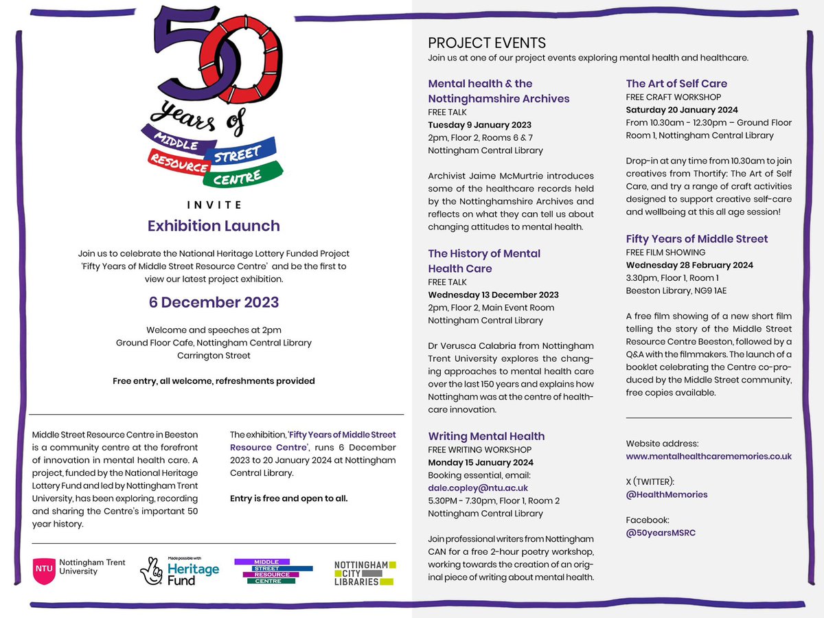 An exciting exhibition launch at the shiny new #NottinghamCentralLibrary <a href="/NottmLibraries/">Nottingham City Libraries</a> for the project ‘Fifty Years of @74msrc’ supported by <a href="/HeritageFundUK/">The National Lottery Heritage Fund</a>. We would LOVE you to join us. <a href="/Verusca/">Verusca Calabria</a> <a href="/Brady_G_M/">Prof Geraldine Brady</a>
