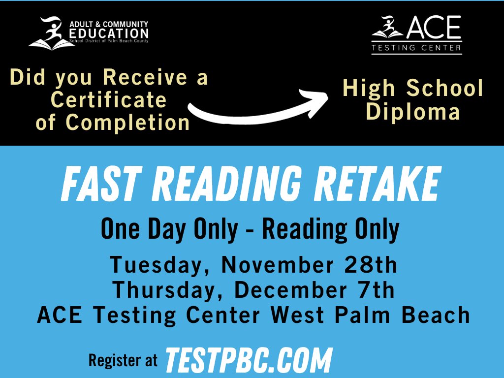 Do you receive a certificate of completion and only need the reading test?  Check out this opportunity to take the Reading test and earn your diploma.