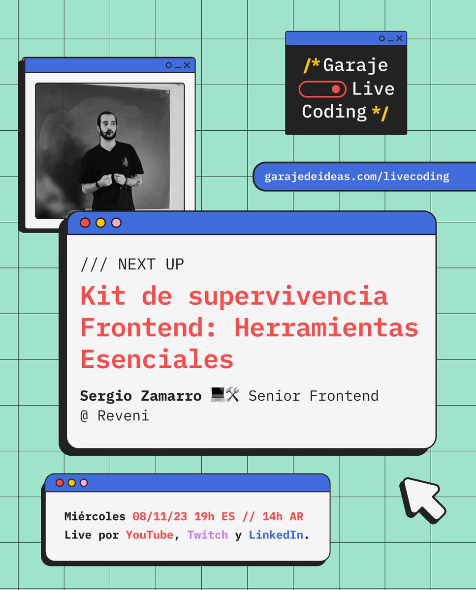 garajedeideas's tweet photo. 🧰 ¡Se viene nuevo Live Coding! El próximo miércoles 8 a las 7pm 🇪🇸/ 2pm 🇦🇷 , @zamarrowski | Senior Frontend @ Reveni , nos contará como sobrevivir al apocalipsis #Dev 🧟🔻

✎ Os podéis apuntar por aquí: https://t.co/E0AFyxkA0O 

♡ ¡Os esperamos! https://t.co/vBM0y4uQgN