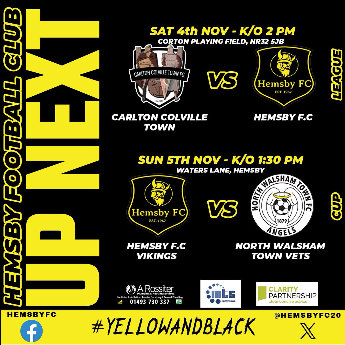 🟡⚫️ UP NEXT⚫️🟡
Sat our 1st team are away to @cctfc
Sun our Vets host <a href="/northwalshamtfc/">North Walsham Town Football Club</a> Vets in the Norfolk Vets Cup. 
#hemsbyfc #waterslane #yellowandblack #norfolkfootball