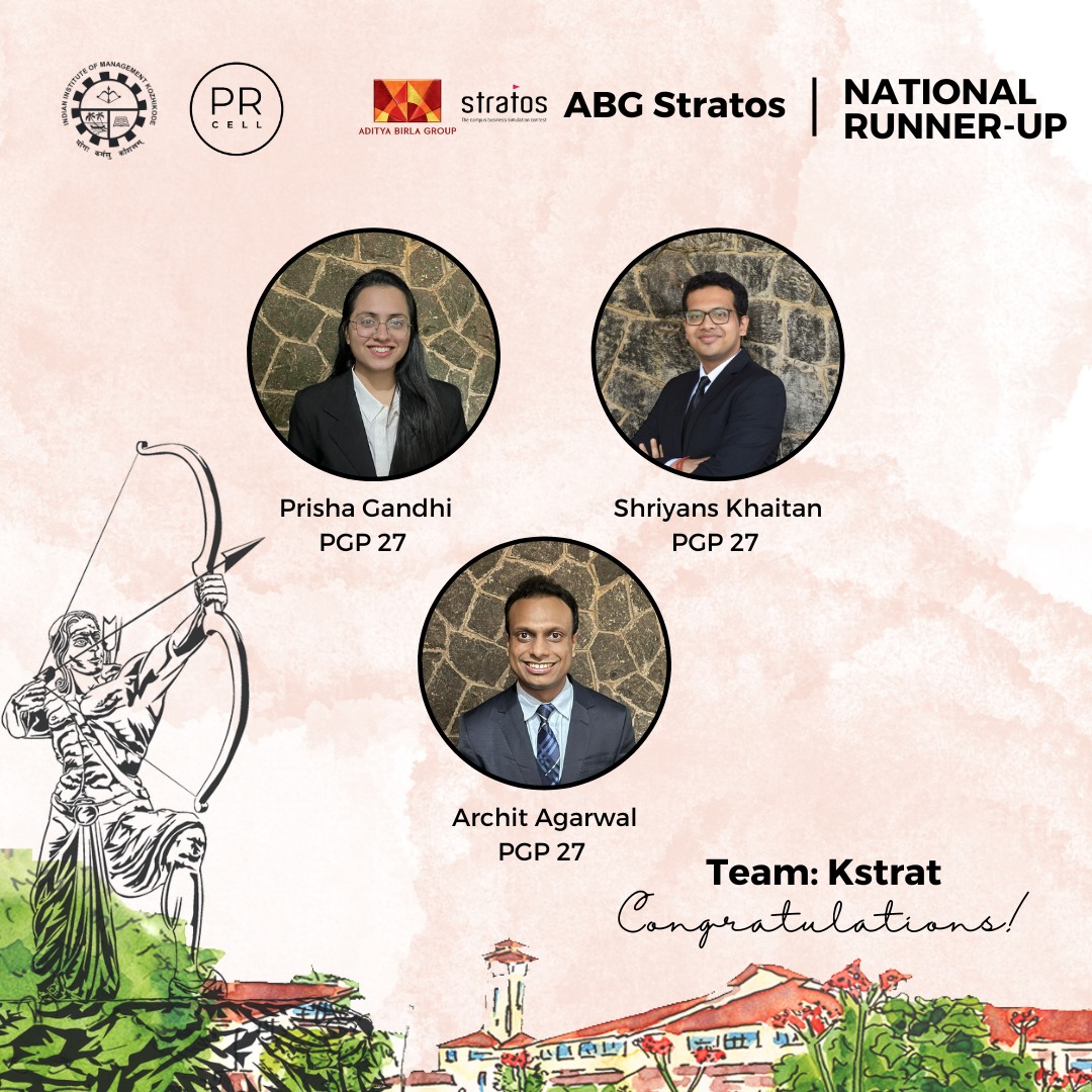 Proud that our PGP Batch of '25 students- Prisha Gandhi, Shriyans Khaitan, and Archit Agarwal, were the National Runner Up of ABG Stratos 2023. 

The IIMK fraternity congratulates them and wishes them well in future endeavors!

#adityabirlagroup #ABGStratos #GodsOwnKampus #IIMK