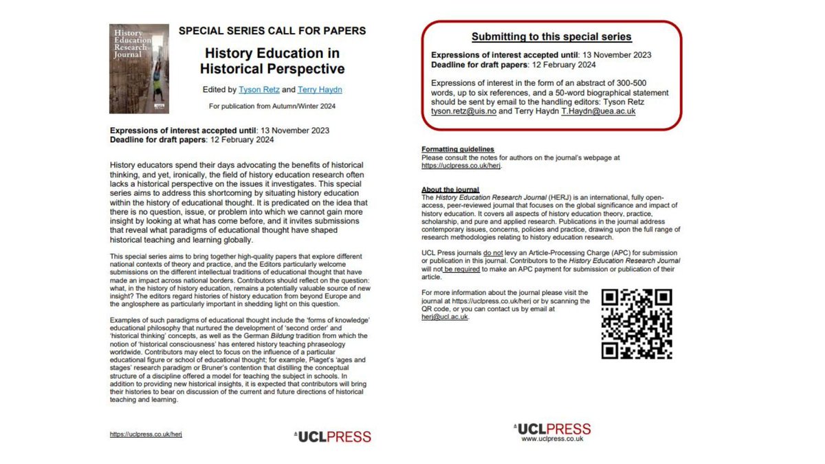 Call for papers! HERJ Special Feature: History Education in Historical Perspective. EOI: 13 November 2023 #HERJ @ArthurJChapman @Science_Open @IOE_London @UCLpress #Education #HistoryEd #HistoricalThinking cdn.shopify.com/s/files/1/1684…