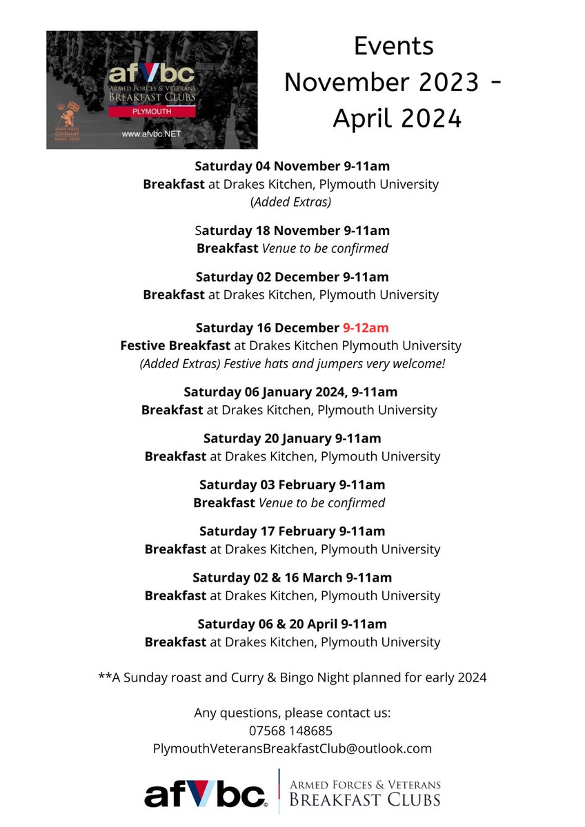 Upcoming dates for Plymouth Armed Forces &amp; Veterans Breakfast Club