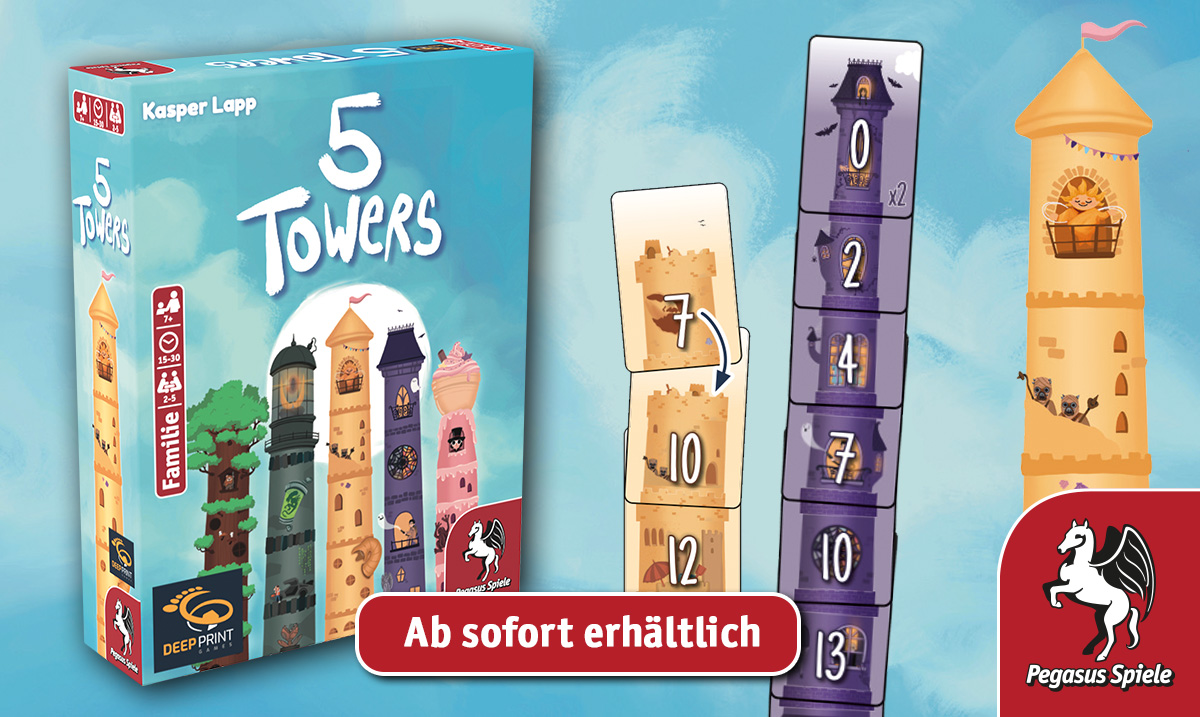 pegasusspiele's tweet photo. Baut die höchsten Türme in 5 TOWERS und gelangt so zum Sieg! In dem  Kartenspiel von @DeepPrintGames  bietet ihr auf die ausliegenden Karten  und baut sie an eure Türme an. Doch Vorsicht, denn es gibt Bauregeln zu  beachten. 5 TOWERS ist ab sofort erhältlich. https://t.co/iFUwB8sRuN